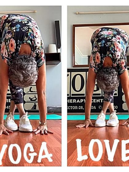 A collage showing a wide-legged forward bend. Yoga is an act of love for your body, mind, and spirit.