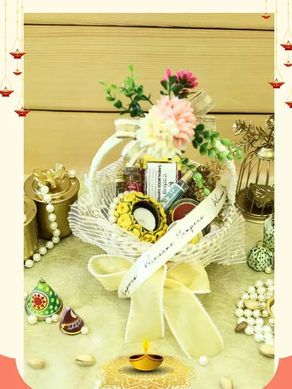 A wellness-focused Diwali hamper created with Aadiva Naturals. This gift basket is filled with natural and ayurvedic products, beautifully arranged with festive decor like a decorative diya and chocolate crackers, promoting health and joy.