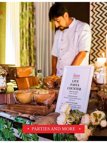 A glimpse of our elegant live pasta counter, ready for service at a party. We offer a choice of pasta, sauces, and fresh vegetables for guests to create their own perfect dish.