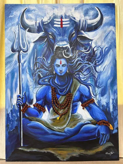I painted this depiction of Mahadev to convey his immense power held in perfect stillness. Using a palette of deep blues, I focused on his meditative expression, the flow of his hair, and the watchful presence of Nandi, creating a powerful piece for any devotee's space.