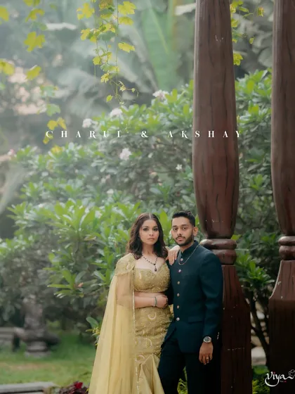 A portrait of the couple, Charul and Akshay, looking picture-perfect for their engagement.