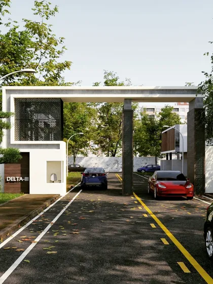 A daytime render of the entrance gate concept. This view shows how the design looks in natural light, highlighting the contrast between the white guardhouse, dark pillars, and decorative screens.