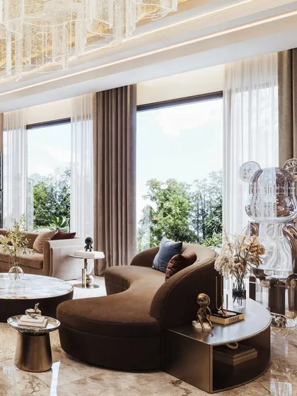 This shot features a sculptural brown chaise and a transparent Bearbrick figure, demonstrating my ability to render unique art and decor pieces with high fidelity.