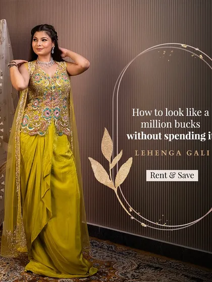 Look like a million bucks without spending it. This lime green dhoti-saree is a fresh and modern rental for a summer wedding.