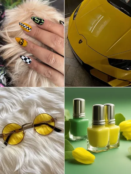 A mood board for a bold and vibrant look. This collage captures the energy of a yellow Lamborghini, inspiring a taxi-themed F1 nail set.