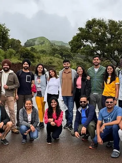 A group photo on the road during a trip to the hills. The journey itself is an adventure, with plenty of stops for photos.