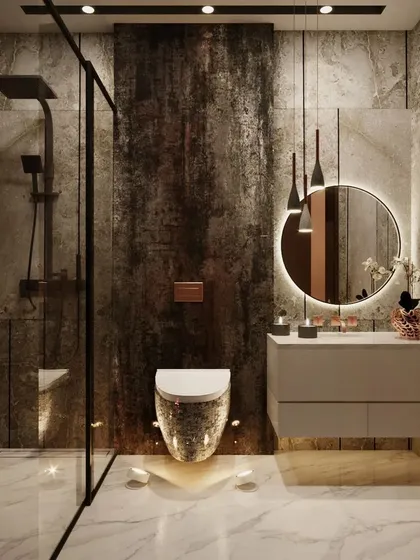 We used a rustic, corten steel-effect feature wall in this modern toilet to add texture and an industrial edge. This is contrasted with a sleek, floating vanity and a round backlit mirror, showcasing our ability to blend different styles.