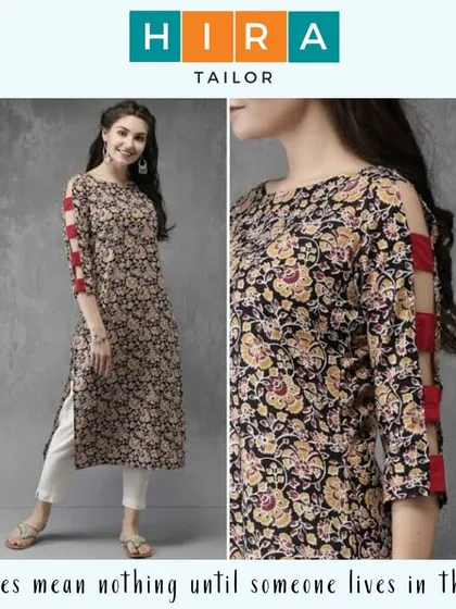 I also tailor contemporary styles. This straight-cut kurti features a modern boat neck and unique slit sleeves with contrasting red tie-up details. If you have a trendy design in mind, I can help you create a stylish and well-fitted piece.