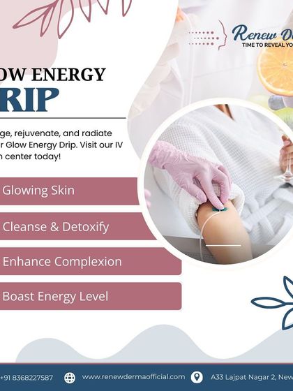 Our Glow Energy Drip is designed to recharge, rejuvenate, and help you radiate from the inside out. This graphic highlights its key benefits: achieving glowing skin, cleansing and detoxifying the body, enhancing complexion, and boosting energy levels.