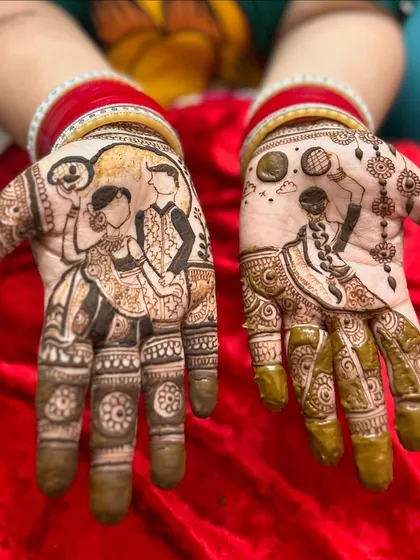A lovely Karvachauth couple portrait on one hand, paired with the classic scene of a woman with a chalni on the other. The design is perfect for celebrating the bond of love.