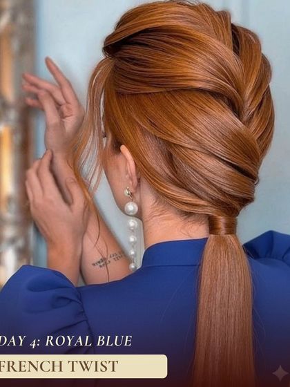 For the royal blue of day four, this intricate French twist ponytail is a stunning choice. It's a powerful and polished look that combines the elegance of a twist with the practicality of a ponytail.