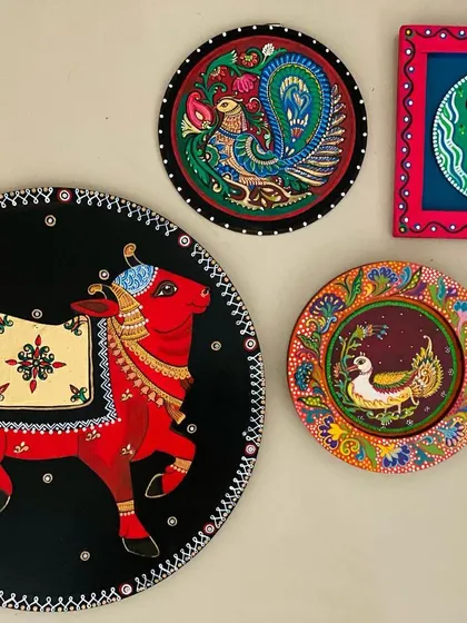 Create your own sacred gallery wall. This collection, featuring a Pichwai-style cow, a Kalamkari-inspired peacock, and a delicate swan, shows how different pieces can come together to tell a larger story, celebrating the animals of Brindavan.