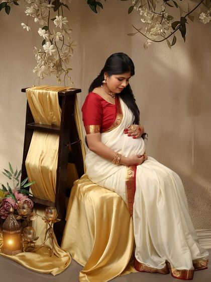 A beautiful mom-to-be in classic South Indian style. The white and red saree, combined with the floral decor, creates a serene, aesthetic, and minimalist traditional portrait.