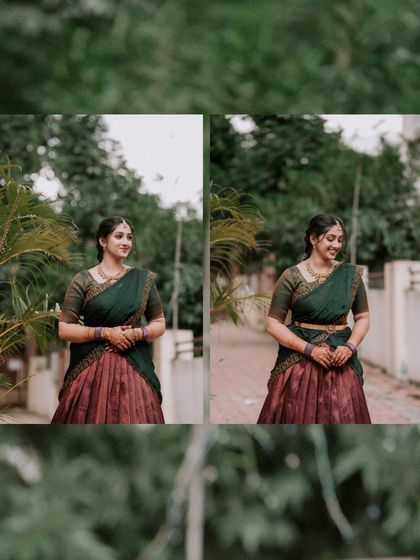 A collage of the bride in a beautiful half saree. Her happy, candid expressions show her excitement for the celebrations.
