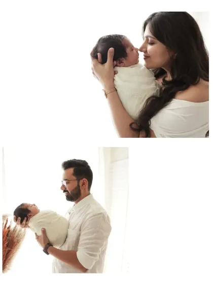 A collage of new parents each holding their swaddled baby. The clean, high-key background keeps the focus entirely on the family's bond.
