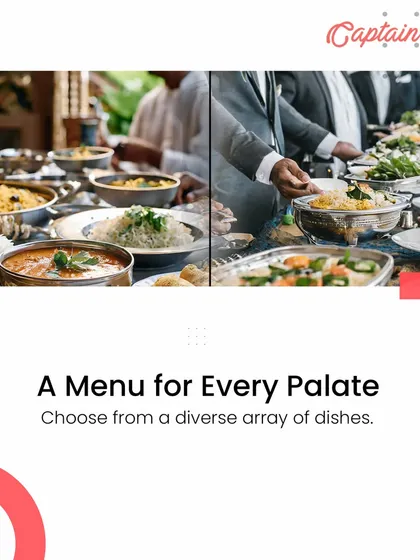 We offer a menu for every palate, even with our convenient drop-off service. This image shows a split view of guests enjoying a diverse buffet, illustrating the wide array of dishes you can choose from.