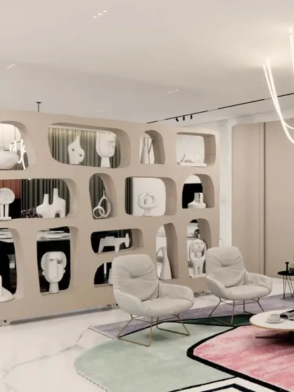 A key feature in my design for the Gulecha Residence is this sculptural, movable partition. It acts as both a functional room divider and a piece of art, with organic niches for displaying pottery and sculptures, adding a layer of sophistication to the living area.