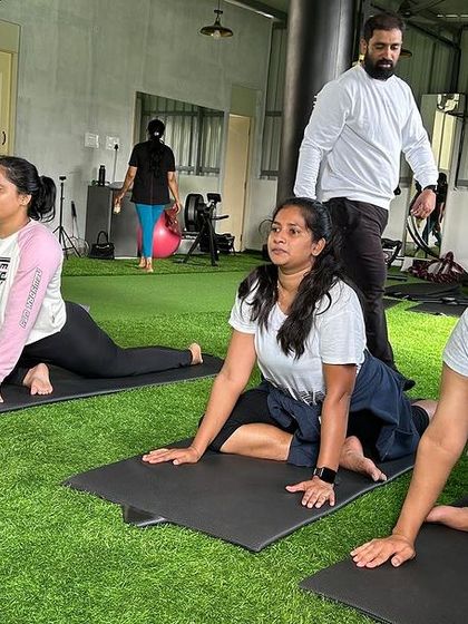 Celebrating International Yoga Day on our turf area. We provide a dedicated space for activities like yoga and stretching, ensuring a well-rounded fitness experience.