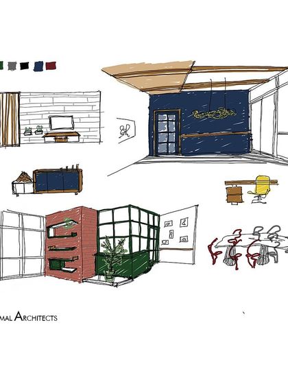Early concept sketches for Apartment 704. These drawings explore the color palette and the design of key areas like the dining room with its blue wall and the powder room with its brick and glass partition.