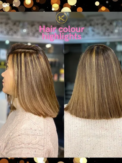 A before and after collage of the highlighted bob, framed with a fun, sparkly border. It clearly shows the transformation to a brighter, more stylish look.