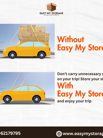 Traveling should be about enjoyment, not logistics. This visual shows the difference between a car overloaded with unnecessary stuff and a car ready for a trip. Store your extra luggage with us and travel light.