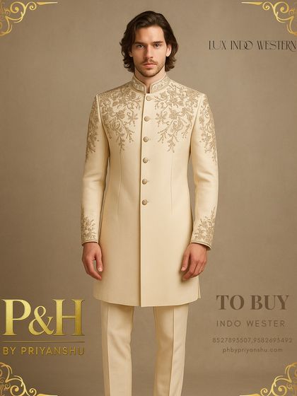For a classic and timeless groom's look, I designed this cream-colored Indo-Western suit from pure silk. The subtle, tonal hand-embroidery adds a layer of sophistication without overpowering.