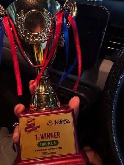 A close-up of the first-place trophy from the Active Noida 10km run. A token of appreciation that represents so much more.