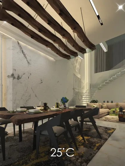 This dining area concept is defined by its rustic-modern aesthetic. We designed a custom ceiling feature with suspended wooden beams over a large dining table, set against a backdrop of white marble walls and a view of the double-height living space.