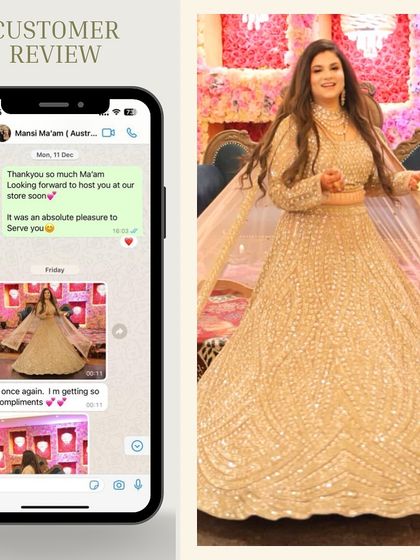 "I'm getting so many compliments!" A screenshot of a happy client's message, along with her looking stunning in a golden sequin lehenga. This makes my day!