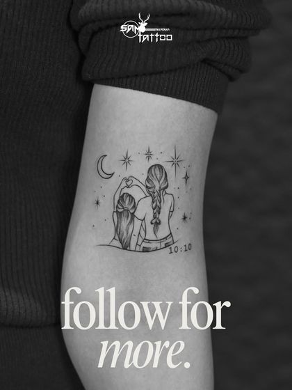 A beautiful fine-line tattoo depicting a mother and daughter sitting under the moon and stars, a heartfelt tribute and a symbol of their bond.