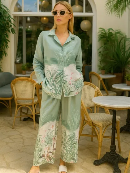 Get into a tropical state of mind with this breezy, leaf-print co-ord set. The soft sage green fabric is decorated with a subtle botanical print, making it an ideal choice for warm weather. This matching set is an easy way to look polished and feel comfortable.