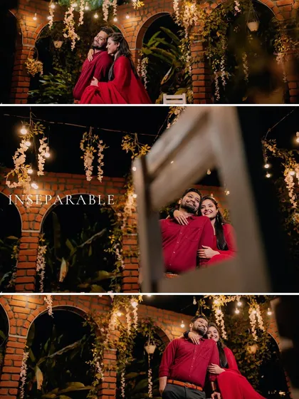 A creative collage showing a couple's intimate moments framed within a picture frame, set against a romantic, lit backdrop.