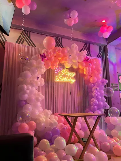 The full view of the birthday corner, ready for photos and celebrations.