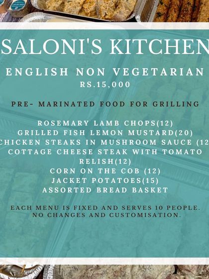 The menu for my English Non-Vegetarian DIY BBQ kit. This option features pre-marinated items like Rosemary Lamb Chops and Grilled Fish, perfect for a sophisticated backyard barbecue.