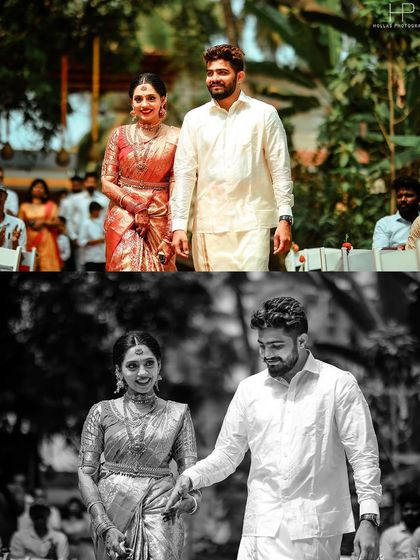 The couple's entrance, captured in both vibrant color and timeless black and white.