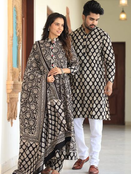 A classic black and white ethnic couple set with a traditional leaf block print. These timeless designs are always in style.