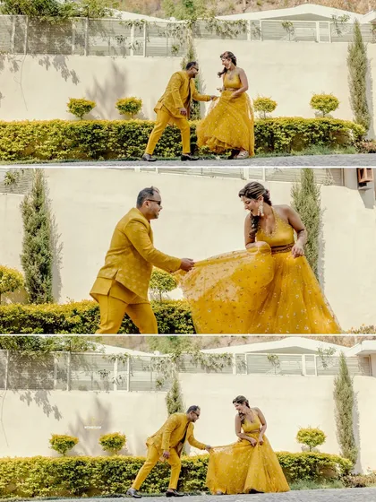 A playful sequence of the groom interacting with the bride's lehenga, creating a fun and memorable moment.