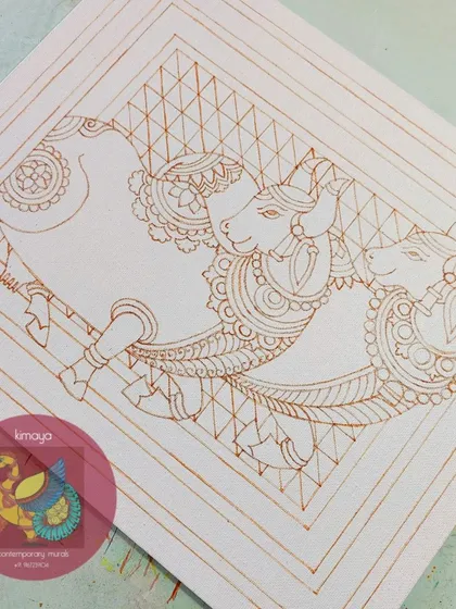 The outline for a fusion Pichwai painting. Here, the traditional cows are set against a modern geometric background, with spaces left for mirrors to be added for extra glam.