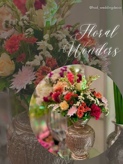 A collage showcasing "Floral Wonders," with beautiful, colorful bouquets in silver vases, perfect for adding elegance to any table.