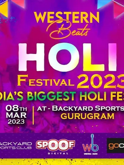 A vibrant banner for the Western Beats Holi Festival 2023, promoted as India's biggest Holi festival. We partner with leading event organizers to produce these massive celebrations.