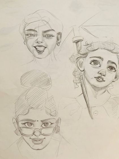 A page from a student's sketchbook filled with character studies. We explore different face shapes, hairstyles, and expressions to develop unique characters.