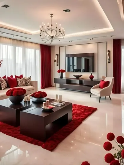 A bold and passionate living and dining room design featuring a striking red and black color scheme. The plush red rug and cushions add a vibrant pop of color against the neutral sofa and dark wood furniture, creating a dramatic and elegant atmosphere.