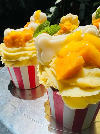 Say hello to our seasonal Mango Tango pupcakes. These little treats are packed with fresh mango and topped with a creamy, sugar-free frosting and a cute little bone jelly.
