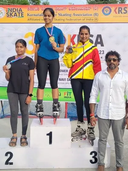 It's an amazing feeling to see my skaters on the podium. Here's Ananya winning gold in the 17+ age group for speed slalom at the 39th state selection trials. Hard work pays off.