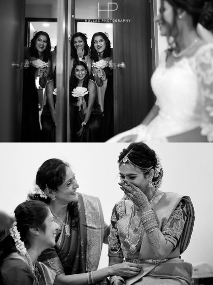A collage of candid moments: bridesmaids peeking at the bride, and a bride sharing a laugh with her family.