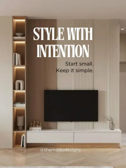 Style with intention. Start small and keep it simple. This minimalist TV unit with integrated shelving is a perfect example of clean, intentional design.