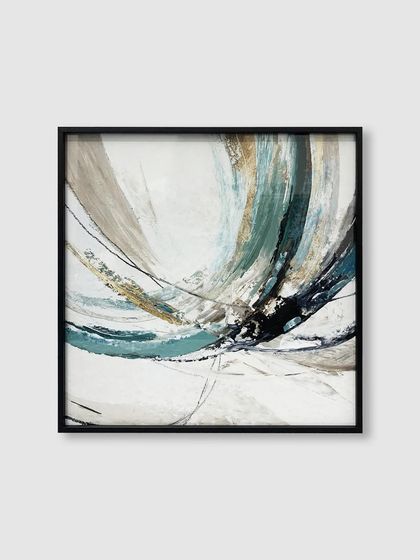 The dynamic brushstrokes and energy of this abstract piece are perfectly balanced by the clean, simple lines of a square black metal frame.