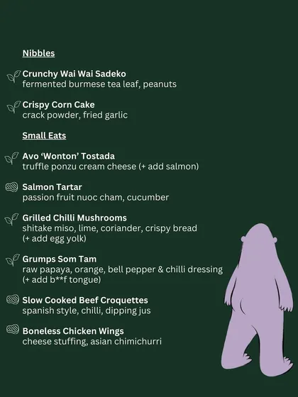 The vegetarian small eats menu from the Grumps, Goa pop-up, including dishes like Crispy Corn Cake and Grilled Chilli Mushrooms.