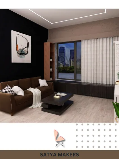 A living room concept with a dark accent wall and a cozy brown sofa.