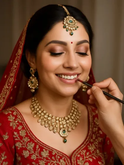 Another angle of our bridal makeup application, showing the precision of our work. The focus is on creating a flawless base and enhancing the bride's natural beauty for her big day.